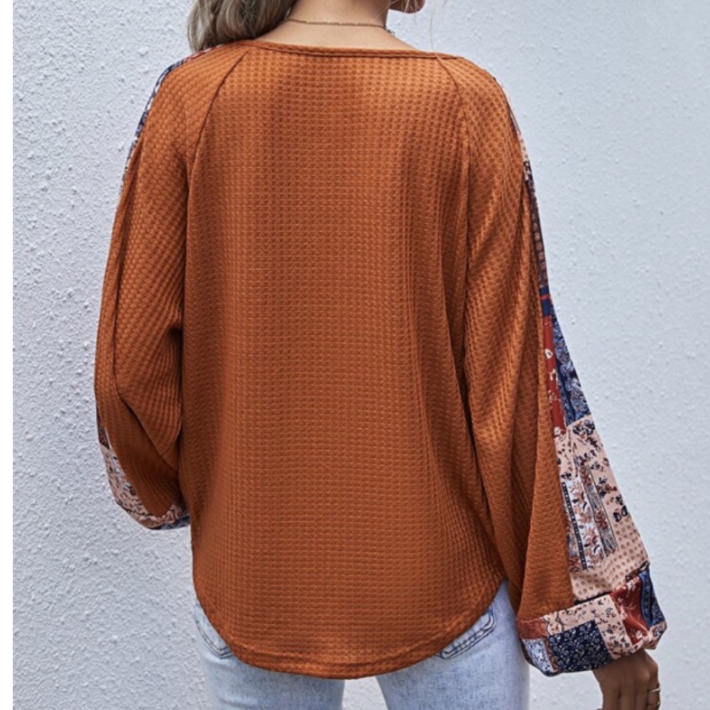 CLEARANCE Orange Fall Vibes Patchwork Waffle Long Sleeve Tee - Picture 3 of 8